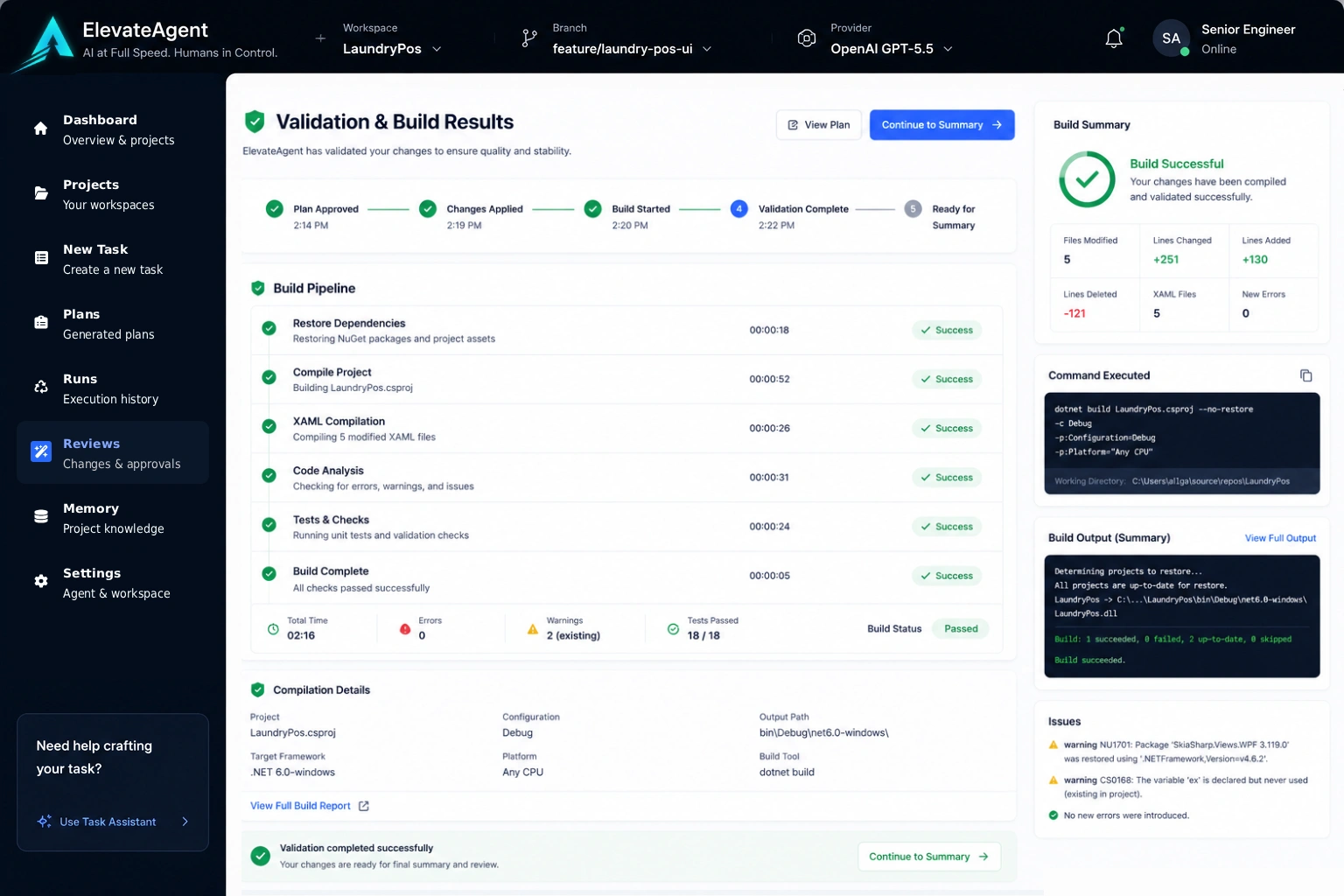 ElevateAgent validation screen showing build and test status